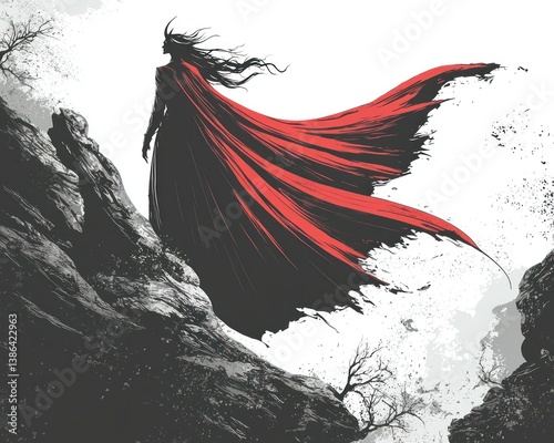 Crimson Majesty: A solitary figure, draped in a vibrant red cape, stands atop a windswept precipice, silhouetted against a stark, monochrome landscape.