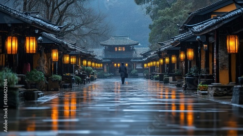 Obraz na płótnie Serene Evening Stroll Through a Misty Chinese Village w salonie