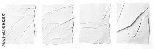 white crumpled and creased glued mockup paper poster template set isolated on black background 
