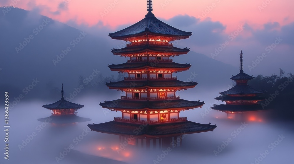 Serene Sunset at Japanese Pagodas