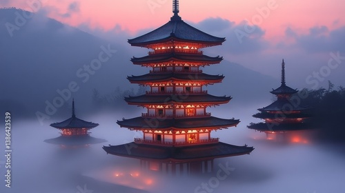 Obraz na płótnie Serene Sunset at Japanese Pagodas w salonie