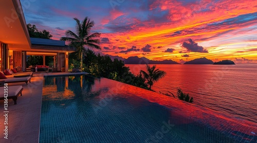 Obraz na płótnie Luxury Villa Sunset Paradise: Infinity Pool with Breathtaking Ocean View w salonie