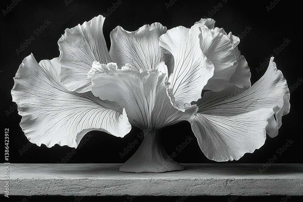 Monochromatic Elegance: Sculpted Porcelain Flower in Dramatic Black and White