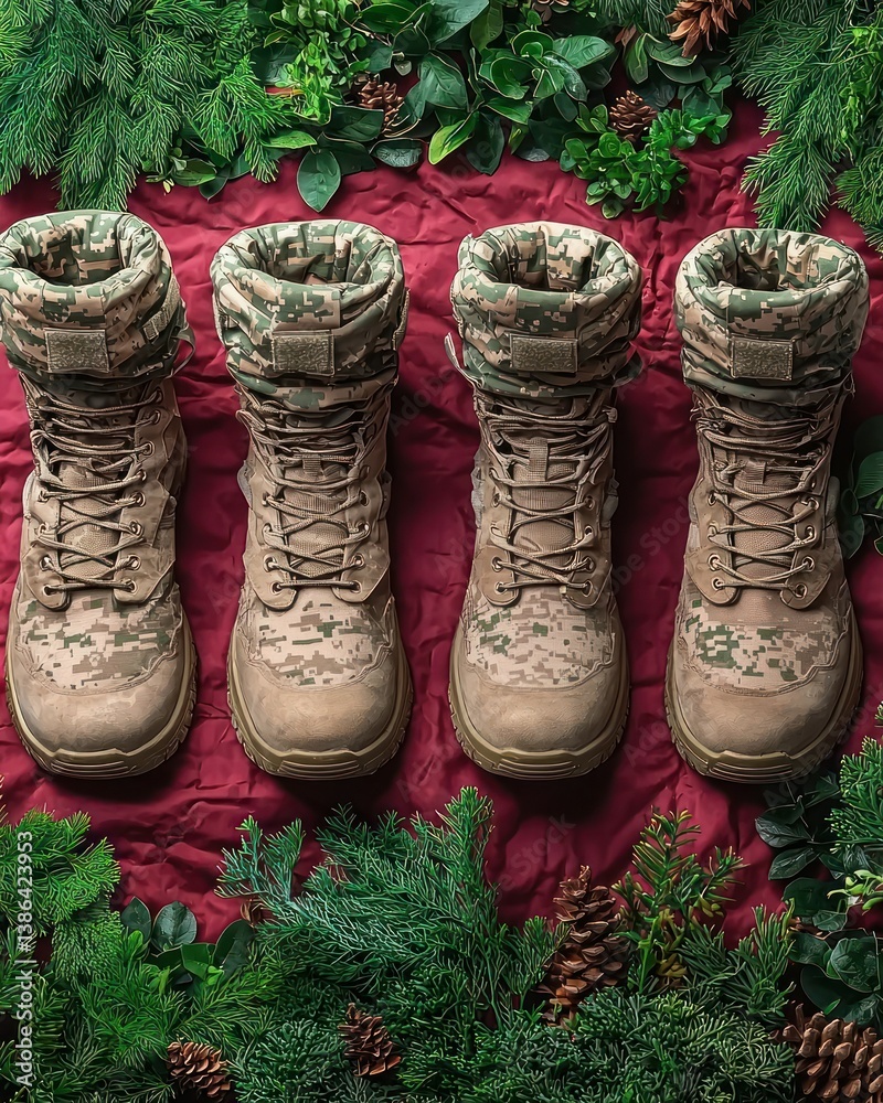 Camouflage Boots on Festive Background