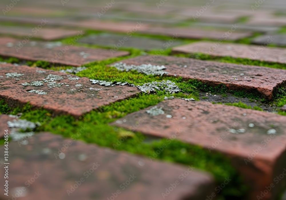 Close-up Brick Pavement with Green Moss - Textured Red Brickwork with Natural Growth, Outdoor Surface. Close-up Brick Pavement with Green Moss - Textured Red Brickwork with Natural Growth, Outdoor Surface.