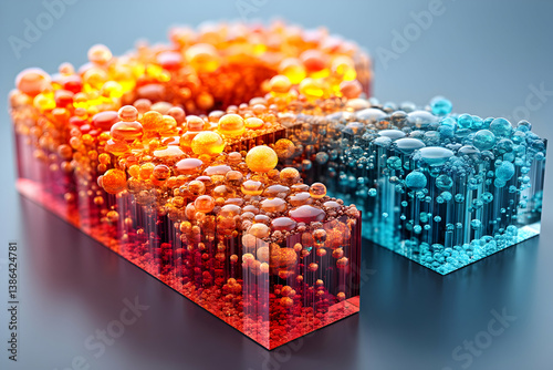 Abstract 3D rendering of two contrasting blocks, one warm and one cool, composed of numerous translucent spheres