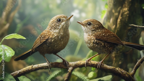 Speciation the wild A pair of closely related bird species showcasing subtle differences in plumage and behavior intricate details correct hands