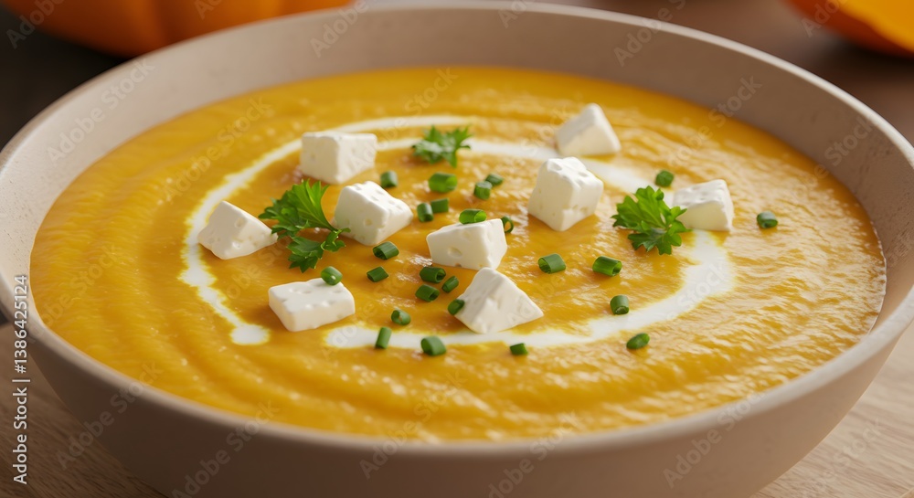 Close-up of a bowl filled with vibrant pumpkin soup, garnished with creamy swirls, cheese cubes, and fresh herbs, creating a cozy, autumnal dish. Close-up of a bowl filled with vibrant pumpkin soup, garnished with creamy swirls, cheese cubes, and fresh herbs, creating a cozy, autumnal dish.