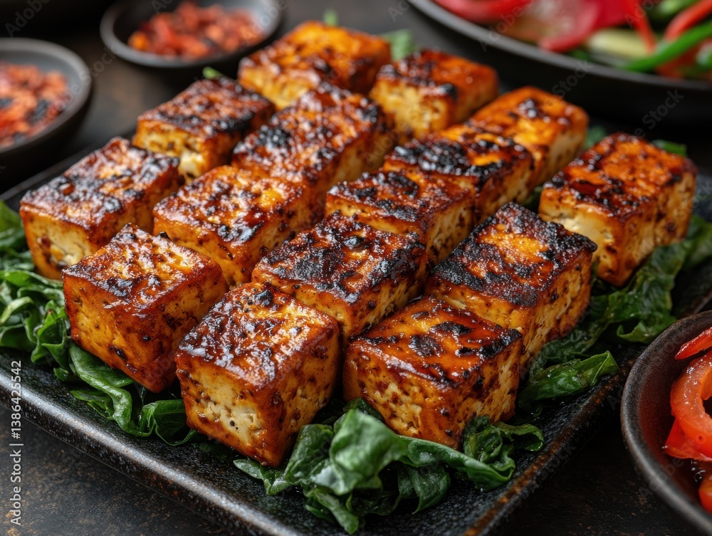 Grilled Tofu Cubes with Spinach and Colorful Vegetables on Slate Surface, Captured from Above in a Vegan Culinary Theme for a Healthy Lifestyle Grilled Tofu Cubes with Spinach and Colorful Vegetables on Slate Surface, Captured from Above in a Vegan Culinary Theme for a Healthy Lifestyle