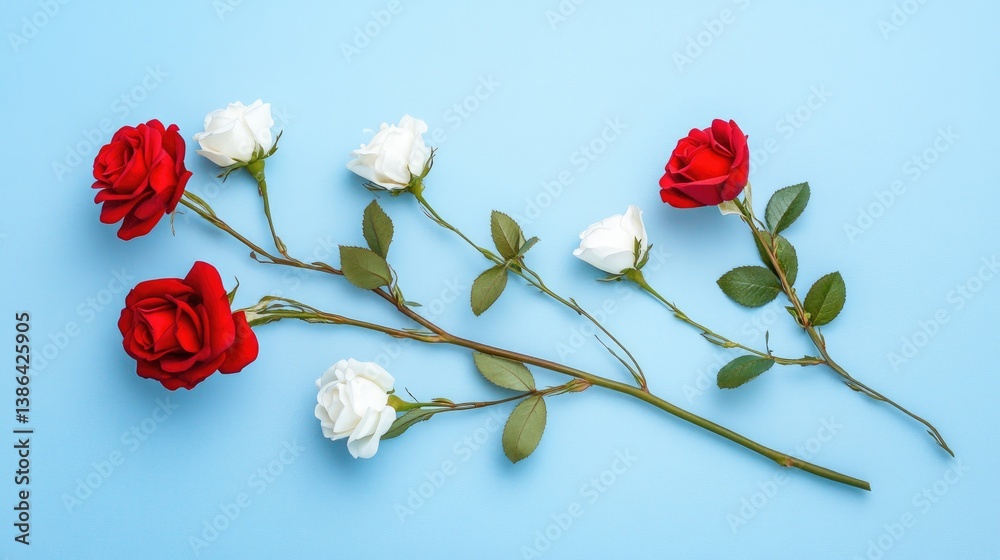 Flat lay of blooming roses in red and white on a powder blue backdrop for romantic theme