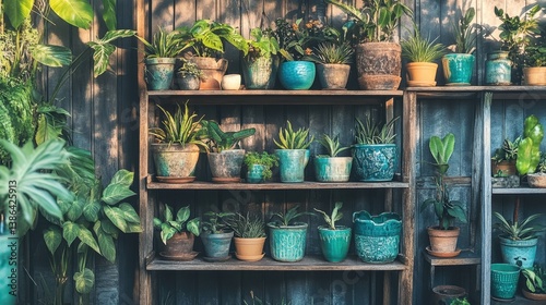 Wallpaper Mural A collection of potted tropical houseplants arranged on a rustic wooden shelf, bathed in natural light Torontodigital.ca