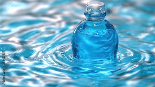 Liquid Serenity: A Glass Bottle of Azure Liquid Gently Resting on a Surface of Aqua Water, Creating Mesmerizing Ripples and Reflections.
