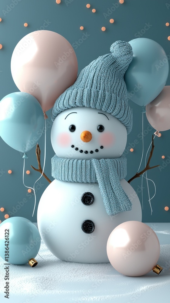 Adorable Snowman with Pastel Balloons Winter Wonderland Festive Cheerful Holiday Scene