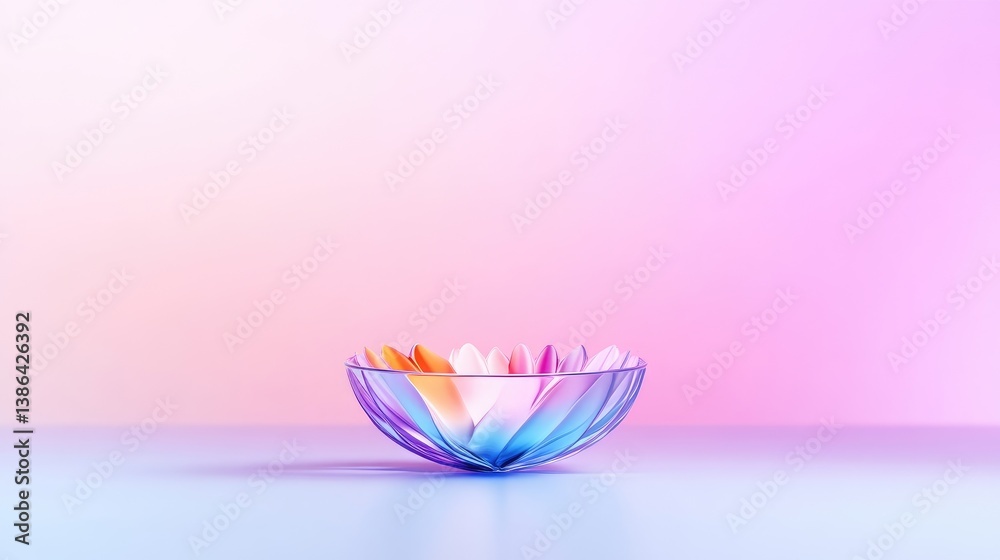 A colorful glass bowl, featuring a unique petal-like design, sits on a light blue surface. The simple composition emphasizes the bowls vibrant hues. The image is high-quality, with soft, even lightin