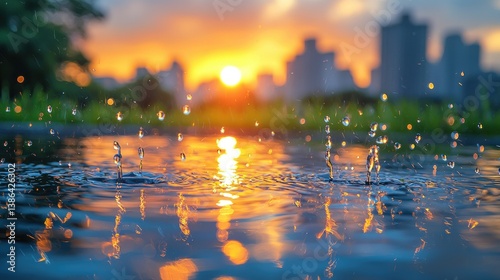 Obraz na płótnie Sunset Rain Cityscape Reflection: Golden Hour Puddle w salonie