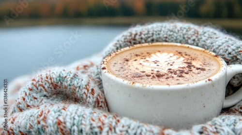 Cozy Autumn Morning: Warm Latte in Knitted Sweater by the Lake