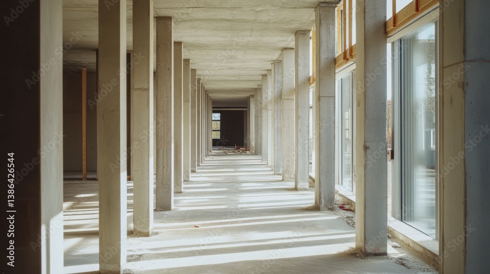 Fototapeta premium A construction site for a new commercial building with steel columns and unfinished floors