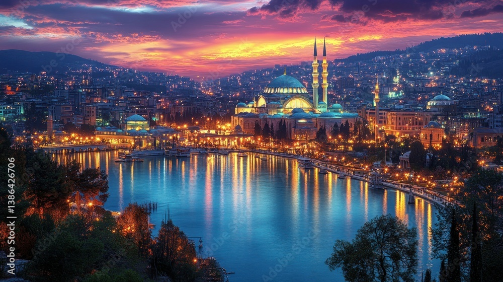 Adana's Majestic Mosque at Sunset: A Breathtaking Panorama