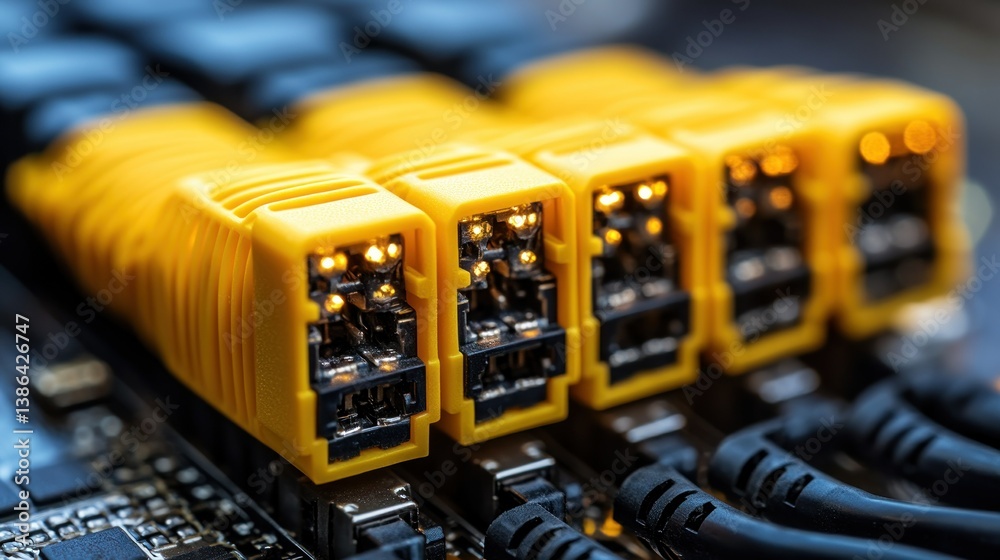 High-Speed Network Connections: Close-up of Fiber Optic Cables Plugged into a Motherboard