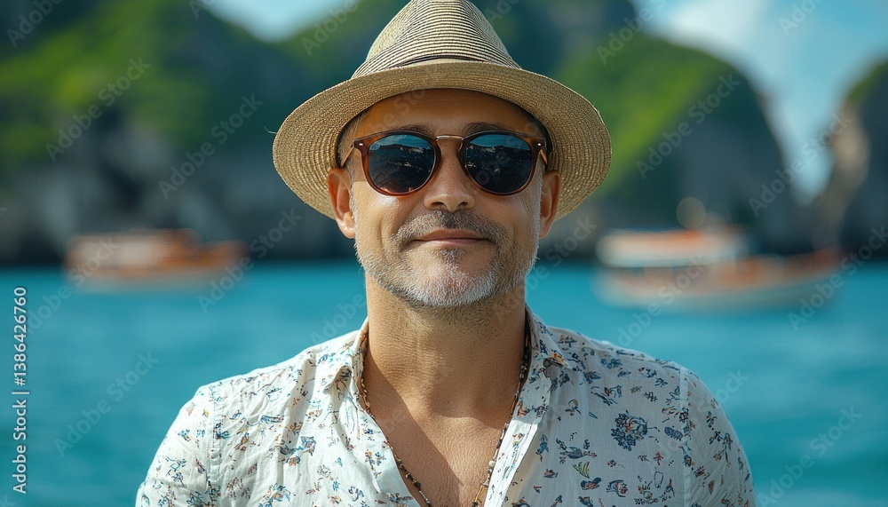 Summer Vacation: Man in Sunglasses and Hat by the Ocean