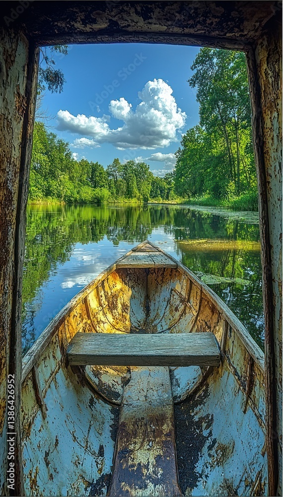 Tranquil Lake Escape: A Rustic Rowboat's Serene Journey