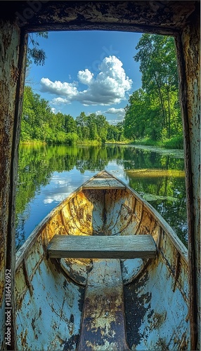 Obraz na płótnie Tranquil Lake Escape: A Rustic Rowboat's Serene Journey w salonie