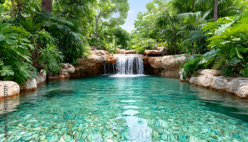 Serene tropical pool with waterfall and lush greenery