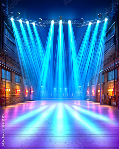 Bright stage lights illuminate an empty industrial venue