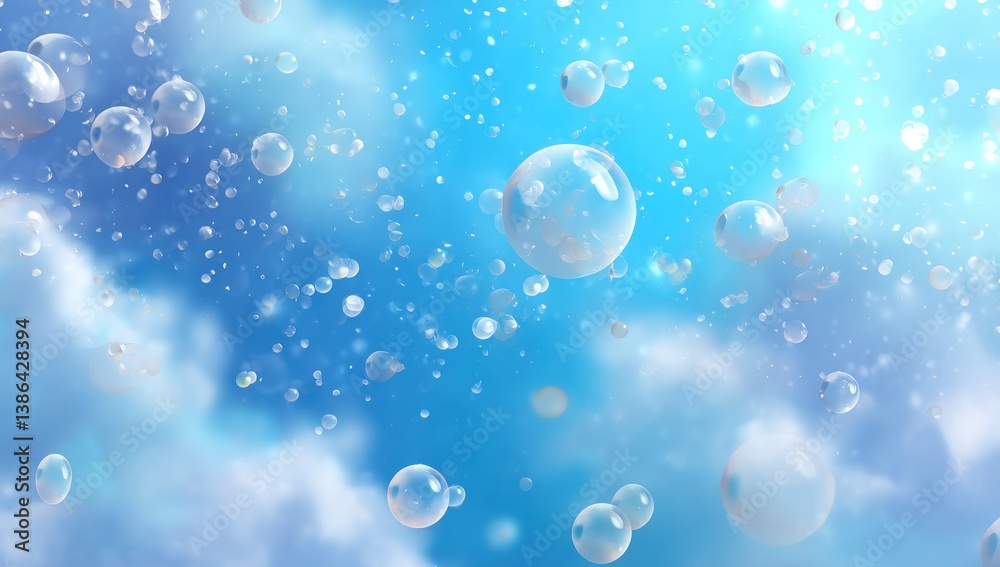 Bubbles float in the air against a blue sky with clouds on a sunny day Bubbles float in the air against a blue sky with clouds on a sunny day