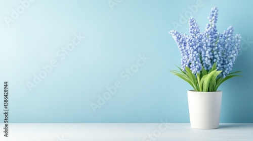 A white vase with vibrant purple flowers on a minimalist white shelf against a soft blue wall, elegant home decor, and bright and serene interior design.