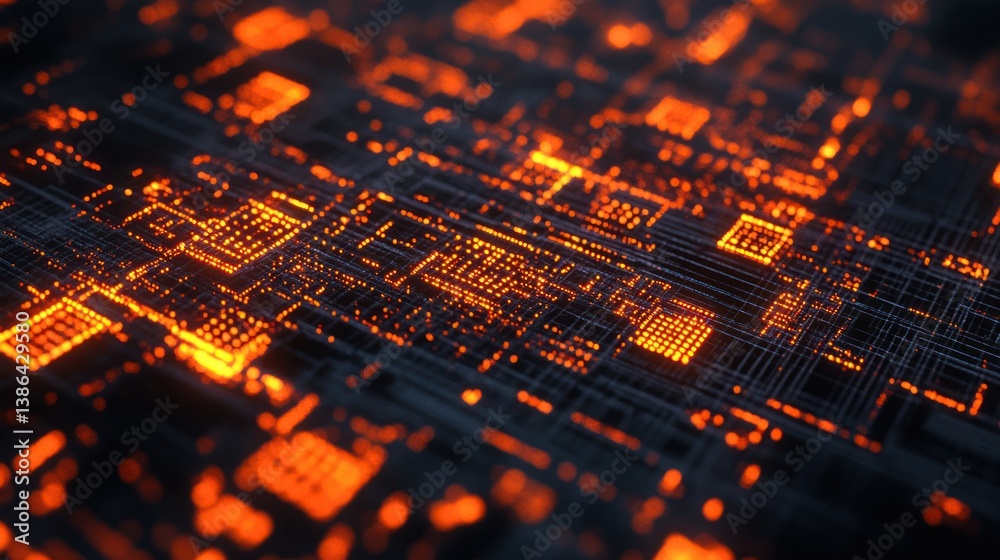 Obraz premium Glowing Circuit Board Data Flowing, Tech Background