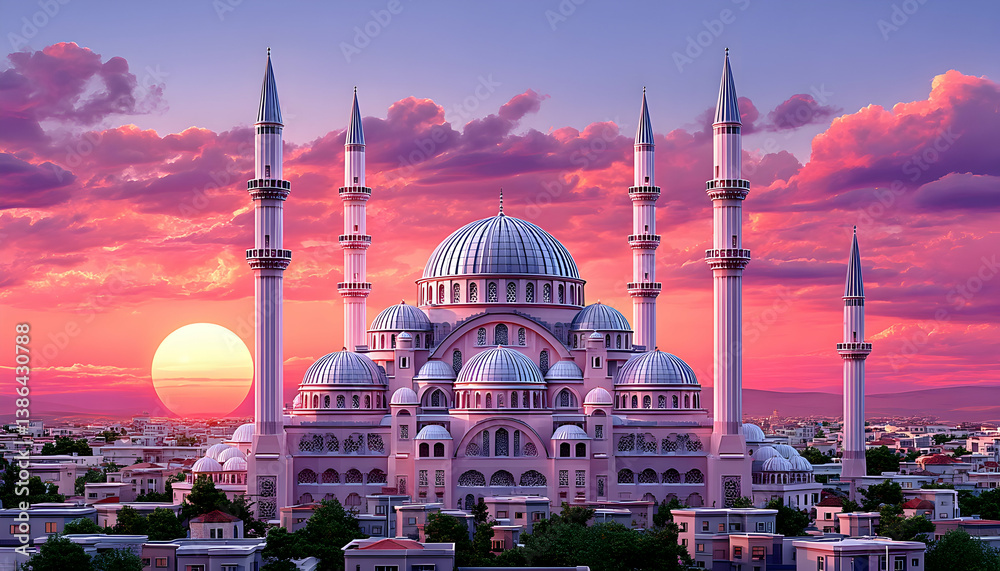 Fototapeta premium Majestic mosque at sunset, overlooking cityscape
