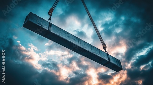 Crane lifting a steel beam into place against a cloudy sky during infrastructure construction