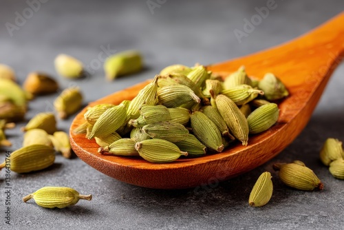 Close-up of cardamom seeds on wooden spoon against a textured gray background