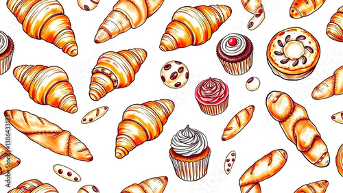 A delightful pattern featuring an assortment of freshly baked croissants, cupcakes, cookies and bread on a clean white background.