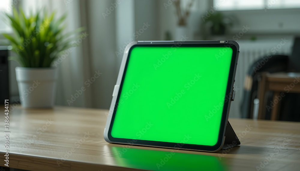 Using Digital Tablet with Green Screen on Wooden Table Indoors Using Digital Tablet with Green Screen on Wooden Table Indoors