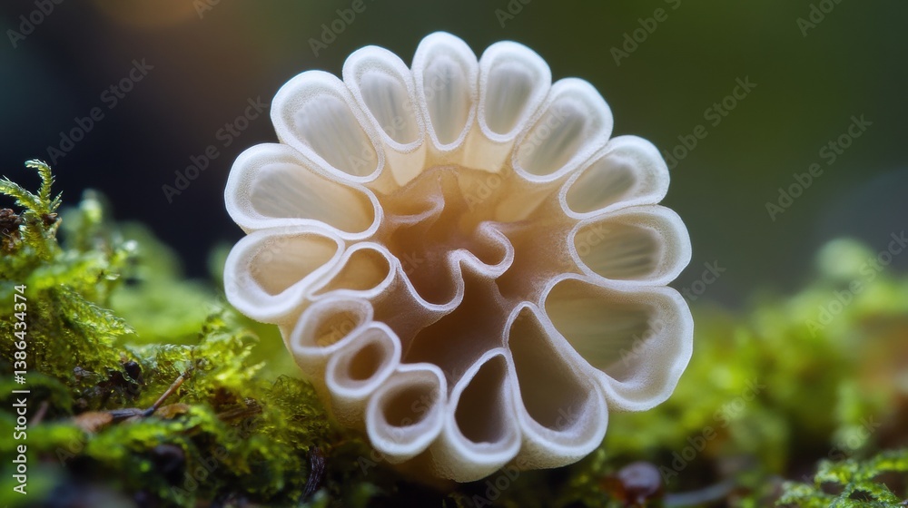 A close-up image of a delicate, white, mushroom-like fungus displaying intricate, wavy patterns resembling a blooming flower. The structure features layered, tubular formations that create an elegant A close-up image of a delicate, white, mushroom-like fungus displaying intricate, wavy patterns resembling a blooming flower. The structure features layered, tubular formations that create an elegant