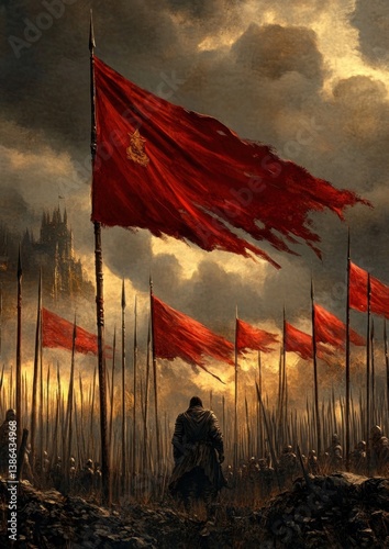 Epic Battlefield Scene with Waving Red Flags and Spear-Wielding Army at Sunset