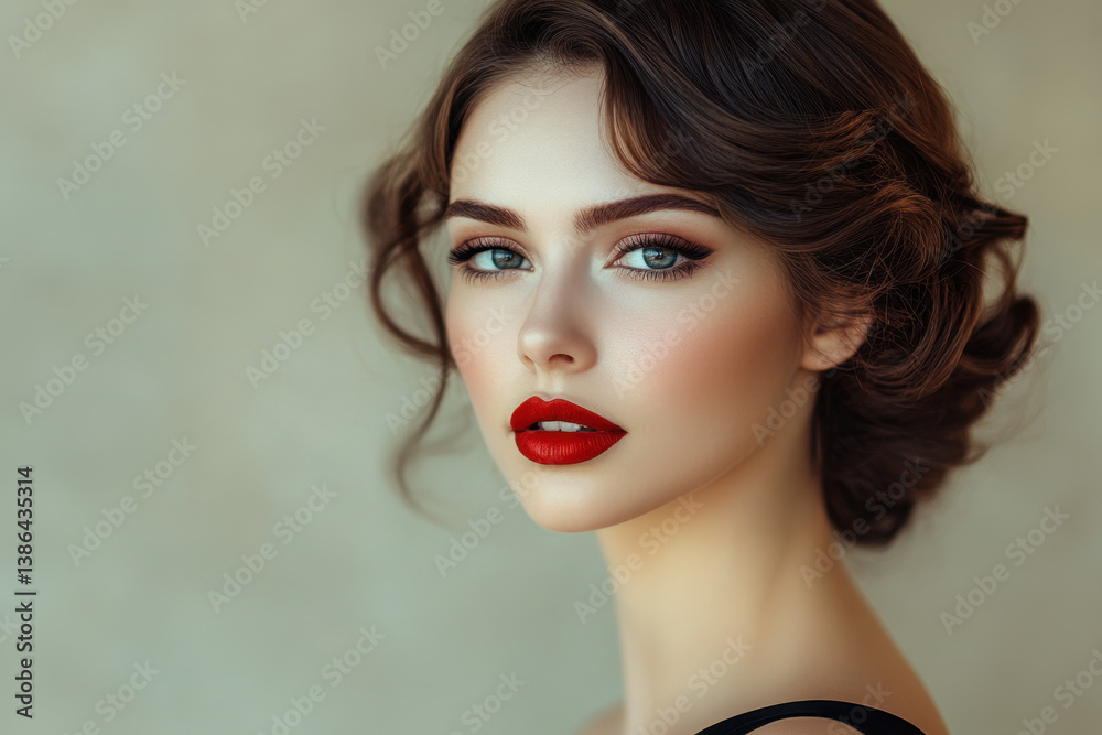 Fototapeta premium Woman with red lipstick and black dress blowing a kiss, standing in front of a vintage car at sunset.