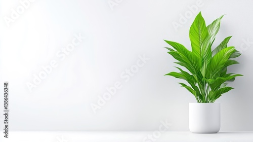 Minimalist plant in white pot against a plain white wall.  A single potted plant sits against a bright white wall, featuring large, lush green leaves in a stylish white pot