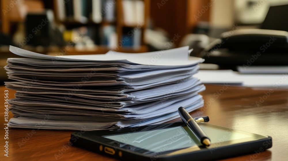 Stack of business magazines and a pen resting on a desk next to a smartphone Stack of business magazines and a pen resting on a desk next to a smartphone