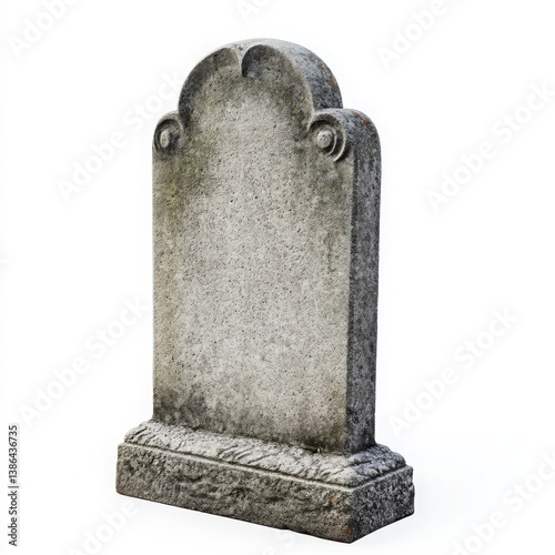 Weathered, ornate headstone against a white background.