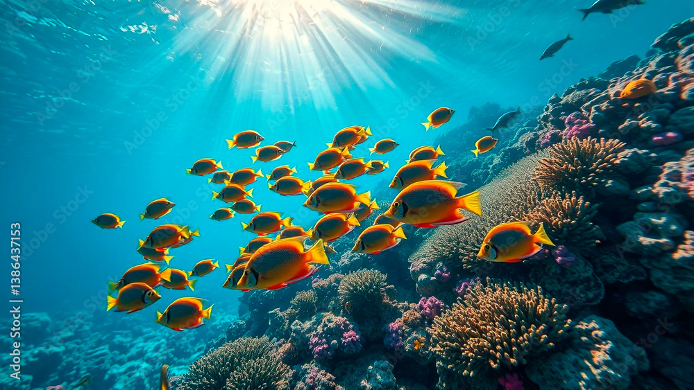 Fototapeta premium Underwater view of a school of vibrant fish swimming near a colorful coral reef illuminated by sun rays piercing through the ocean surface.