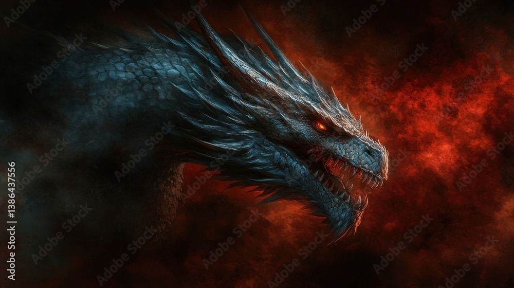 Obraz premium Dark Menacing Dragon Head Portrait Fantasy Art