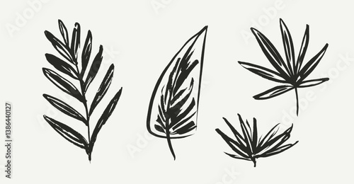 Artistic set of grunge textured vector dark green ink hand dawning tropical leaves, fern, palm leaf. Sketch paintbrush botanical elements for textile pattern design, greeting card, logo