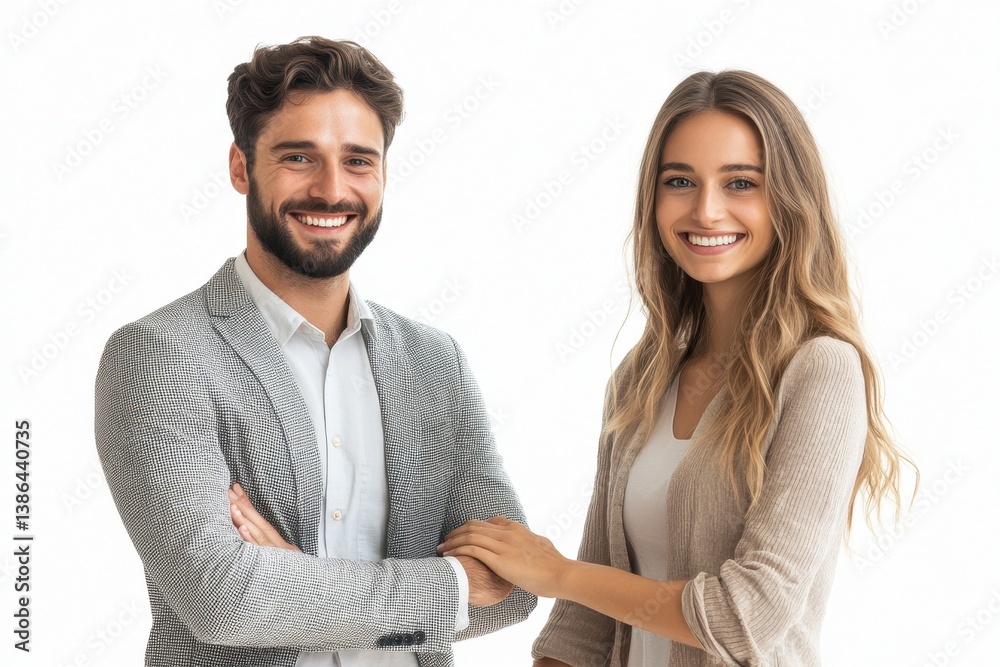 Two smiling young adults pose together in a well-lit indoor studio environment, dressed in stylish and casual attire, showcasing confidence and friendship Two smiling young adults pose together in a well-lit indoor studio environment, dressed in stylish and casual attire, showcasing confidence and friendship