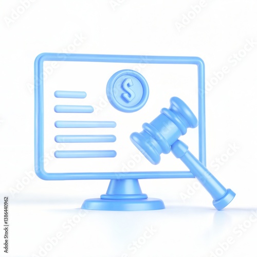 Online Auction Scene 3D Rendering of Bidding Process and Digital Gavel in Business Environment