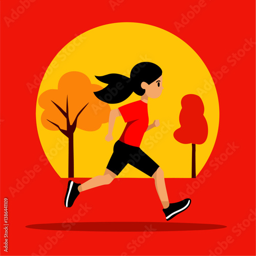 A determined vector illustration of a jogger running through a park at sunrise