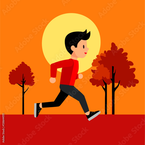 A determined vector illustration of a jogger running through a park at sunrise