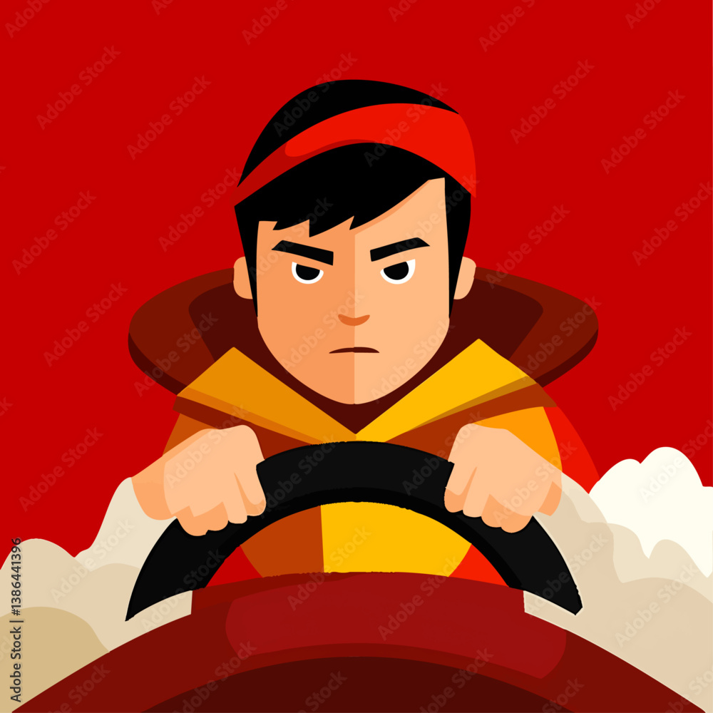 A dynamic vector illustration of a sailor steering a ship through rolling waves A dynamic vector illustration of a sailor steering a ship through rolling waves